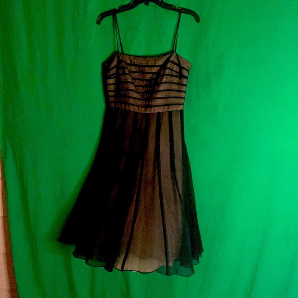 Mid length dress black, camel color under black tule size 4